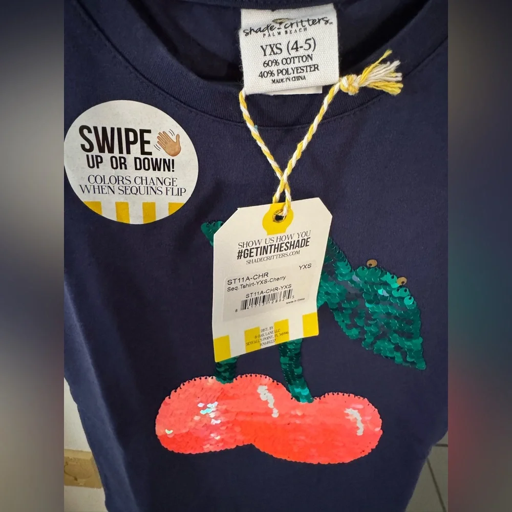 NWT Shade Critters Girls' Cherry Sequin T-Shirt in Navy Sz. YXS (4-5)